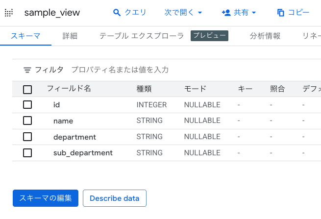BigQueryビューのスキーマ